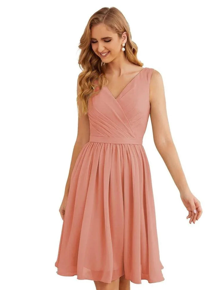Numbersea V-Ausschnitt Brautjungfernkleider Chiffon Kurz Knie lang Formelle Abschlussballkleider für Damen Party Homecoming SEA28062
