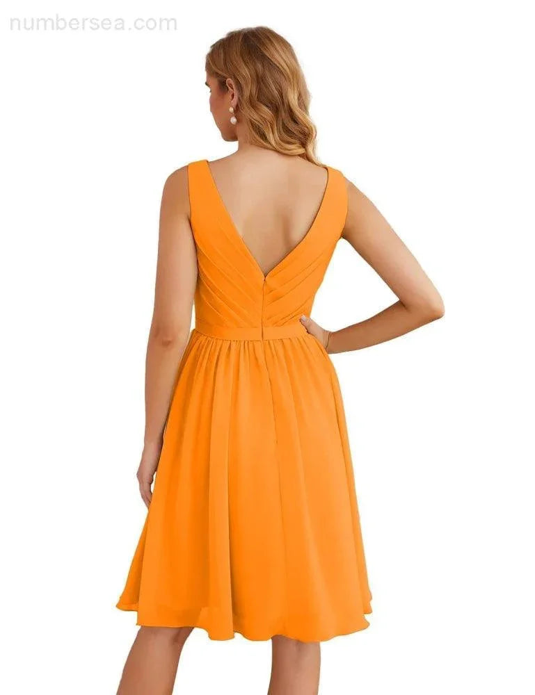 Numbersea V-Ausschnitt Brautjungfernkleider Chiffon Kurz Knie lang Formelle Abschlussballkleider für Damen Party Homecoming SEA28062