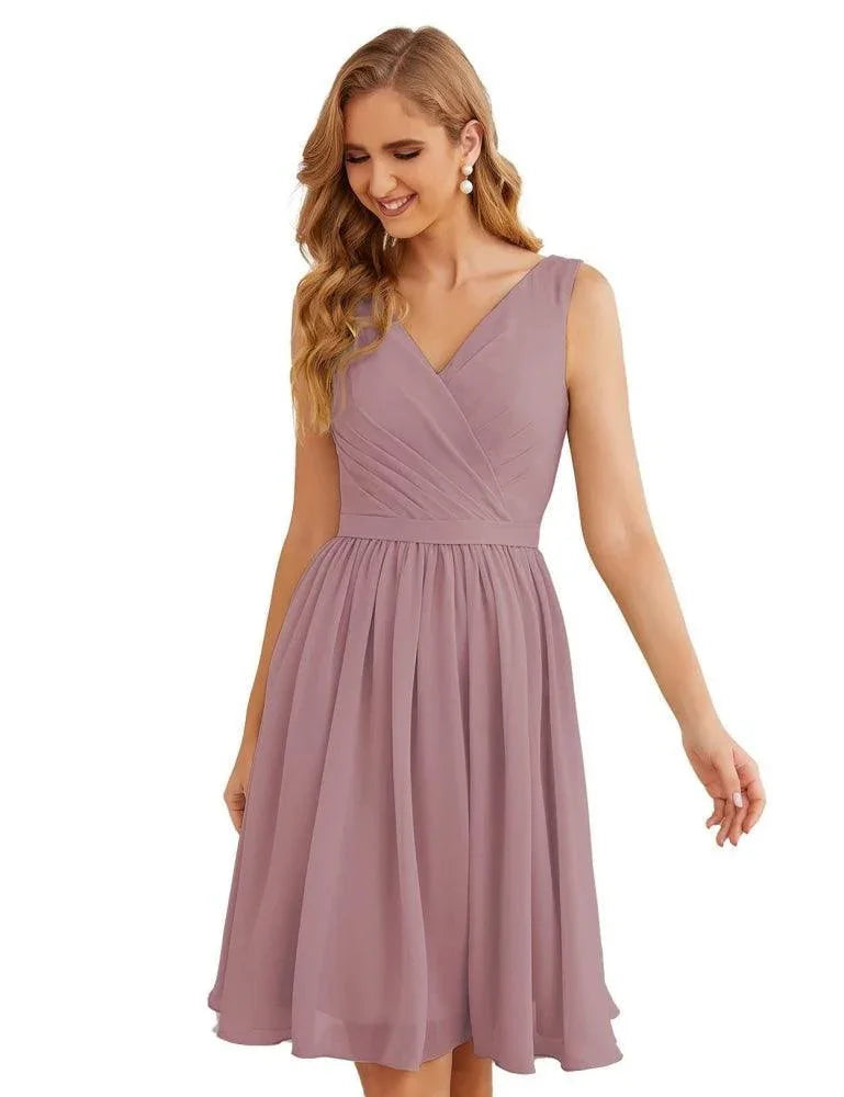 Vestidos de Dama de Honor con Escote en V de Numbersea, Chifón, Largo Corto a la Rodilla, Vestidos Formales de Baile de Graduación para Mujer, Fiesta, Regreso a Casa  SEA28062