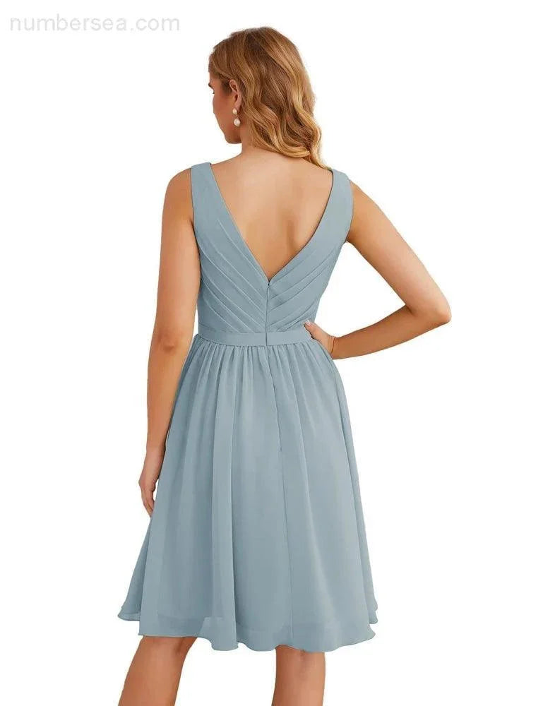 Numbersea V-Ausschnitt Brautjungfernkleider Chiffon Kurz Knie lang Formelle Abschlussballkleider für Damen Party Homecoming SEA28062