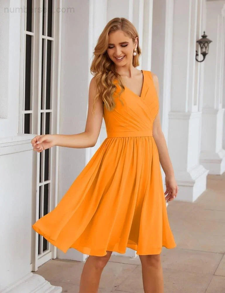 Numbersea V-Ausschnitt Brautjungfernkleider Chiffon Kurz Knie lang Formelle Abschlussballkleider für Damen Party Homecoming SEA28062