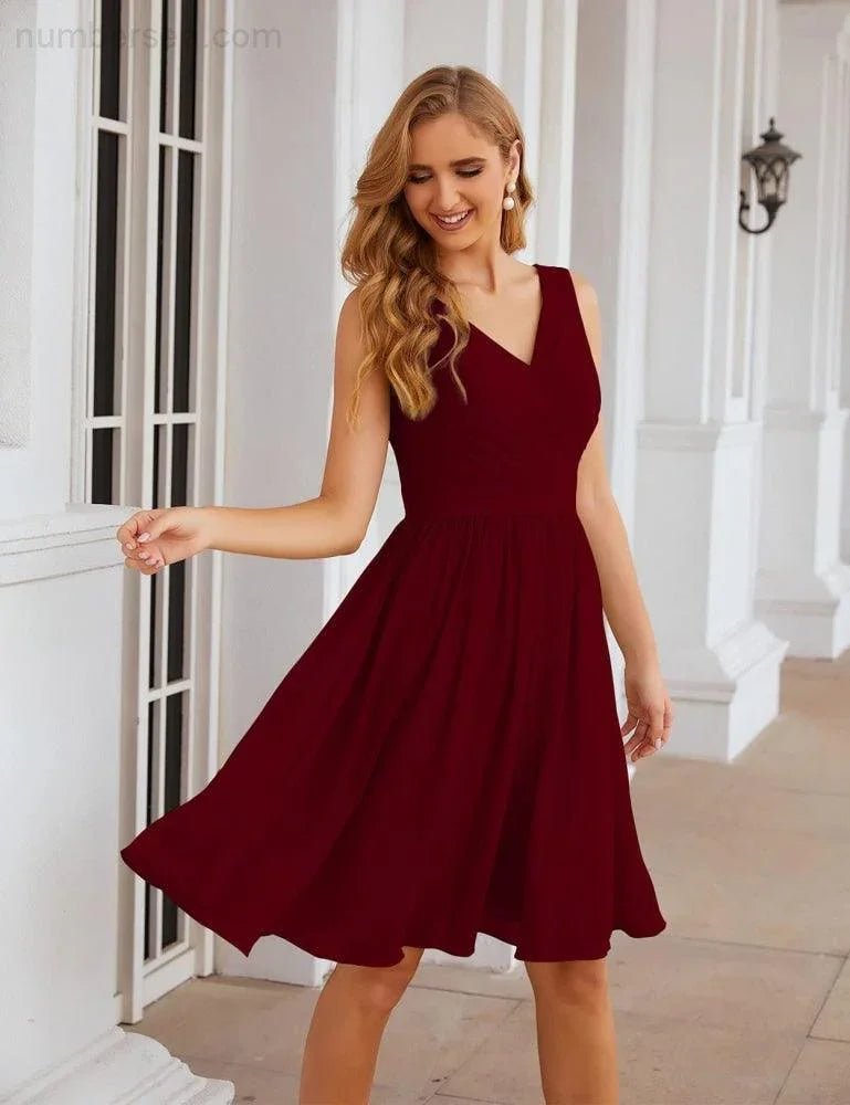 Numbersea V-Ausschnitt Brautjungfernkleider Chiffon Kurz Knie lang Formelle Abschlussballkleider für Damen Party Homecoming SEA28062
