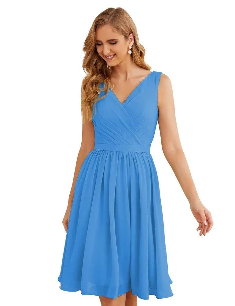 Vestidos de Dama de Honor con Escote en V de Numbersea, Chifón, Largo Corto a la Rodilla, Vestidos Formales de Baile de Graduación para Mujer, Fiesta, Regreso a Casa  SEA28062