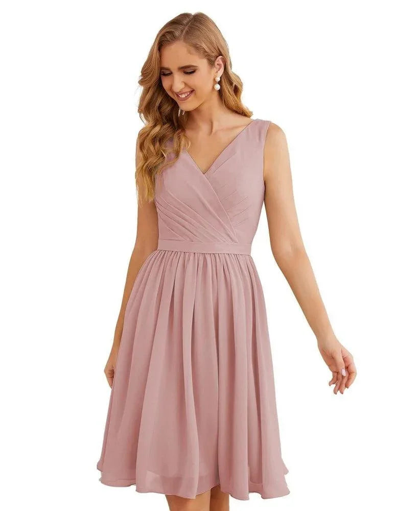 Vestidos de Dama de Honor con Escote en V de Numbersea, Chifón, Largo Corto a la Rodilla, Vestidos Formales de Baile de Graduación para Mujer, Fiesta, Regreso a Casa  SEA28062