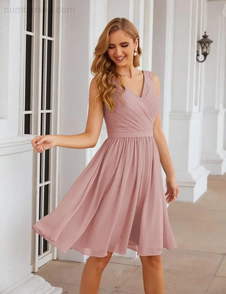 Numbersea V-Ausschnitt Brautjungfernkleider Chiffon Kurz Knie lang Formelle Abschlussballkleider für Damen Party Homecoming SEA28062