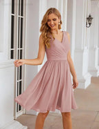 Numbersea V-Ausschnitt Brautjungfernkleider Chiffon Kurz Knie lang Formelle Abschlussballkleider für Damen Party Homecoming SEA28062