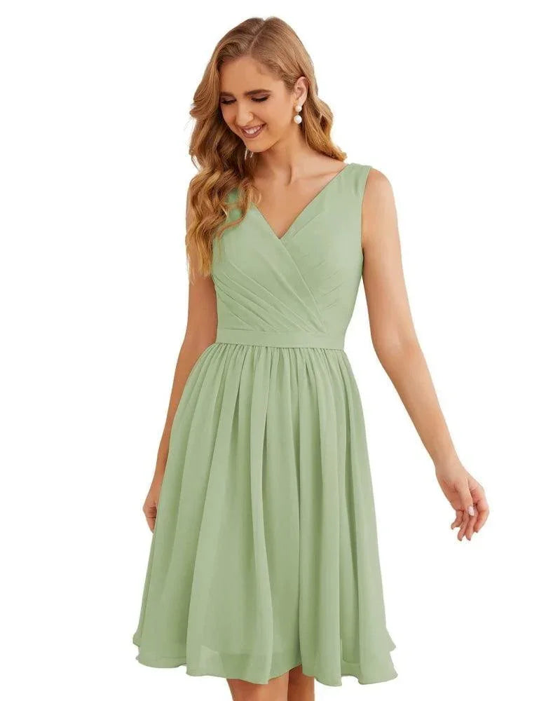 Vestidos de Dama de Honor con Escote en V de Numbersea, Chifón, Largo Corto a la Rodilla, Vestidos Formales de Baile de Graduación para Mujer, Fiesta, Regreso a Casa  SEA28062