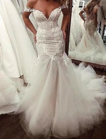 Verlobungs-Brautkleider mit offenem Rücken, Meerjungfrau/Trompete, schulterfrei, Flügelärmel, Kapellenschleppe, Satin-Brautkleider mit Applikationen, einfarbig, Sommer, Herbst, Hochzeitsfeier