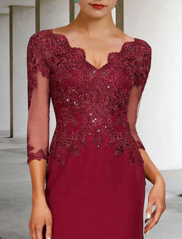 Meerjungfrau/Trompete Kleid für die Brautmutter, luxuriös, elegant, V-Ausschnitt, Hofschleppe, Spitze, Stretch-Chiffon, 3/4-Ärmel mit Pailletten-Applikationen