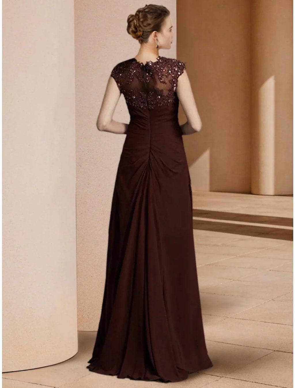 Vestido de festa tubinho/coluna para mãe da noiva, convidada de casamento, elegante, decote redondo, comprimento até ao chão, chiffon elástico, manga comprida com lantejoulas franzidas