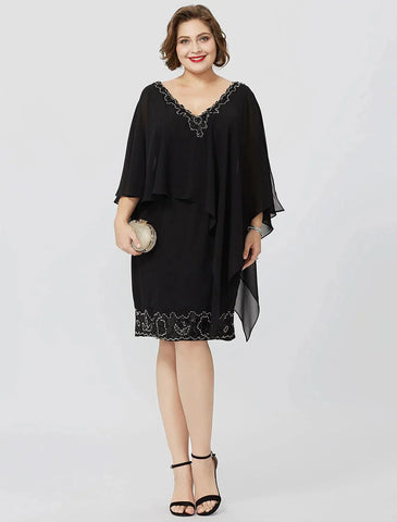 Etuikleid/Säulenkleid für die Mutter der Braut, formell, klassisch und zeitlos, elegant und luxuriös, Übergröße, V-Ausschnitt, knielang, Chiffon, ärmellos, nein, mit Kristallen und Perlen