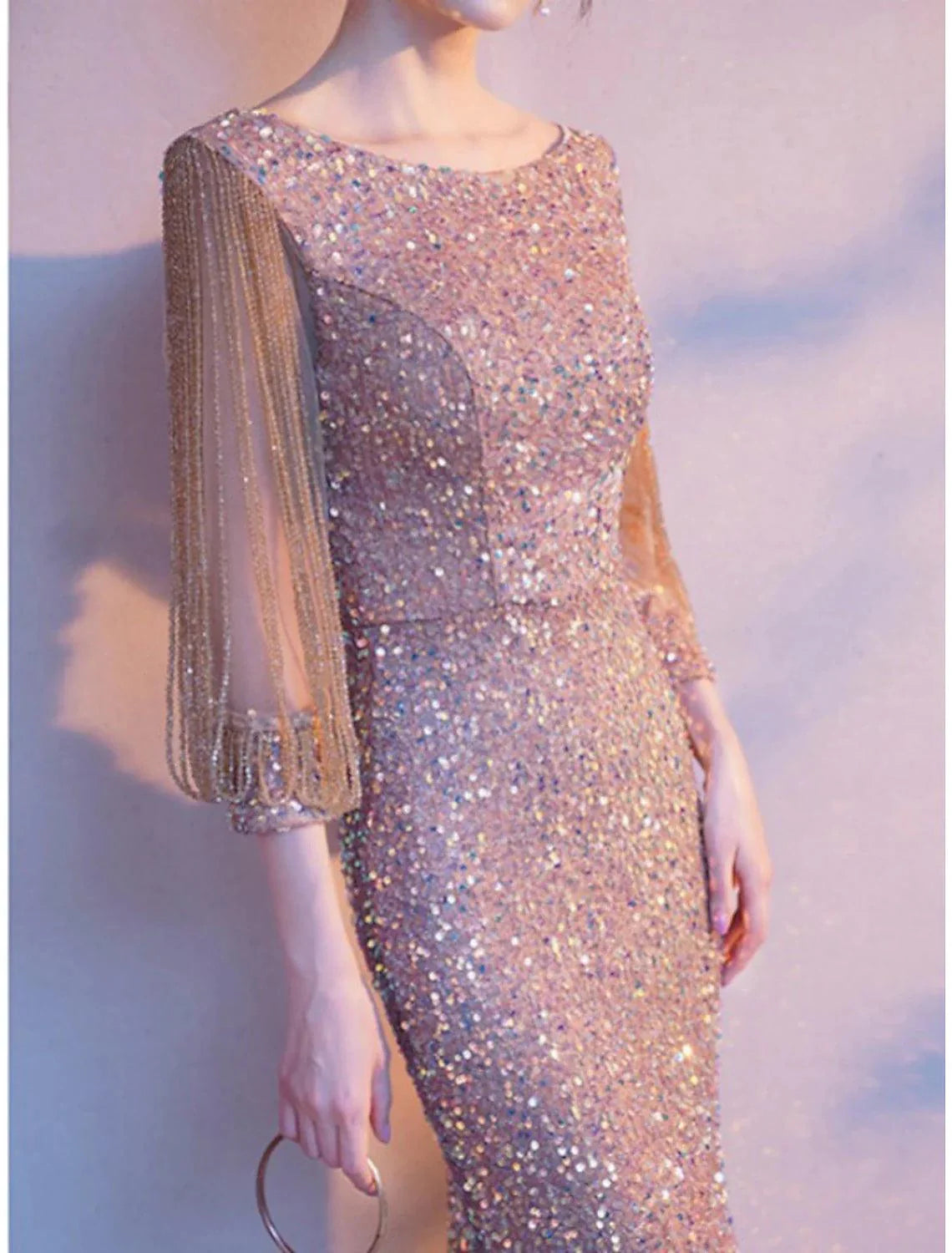 Mother of the Bride Dress Elegant Sparkle & Shine Petite Jewel Neck Floor Length Sequined 3/4 Length Sleeve with