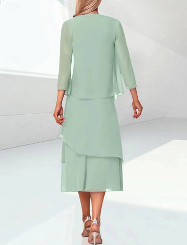 Elegantes, gestuftes Chiffon-Überkleid mit 3/4-Ärmeln für Hochzeitsgäste im Kleid für die Brautmutter enthalten