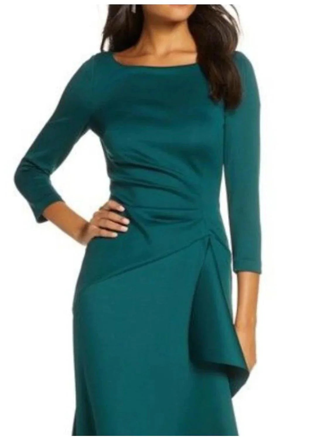 Vestido tubinho/coluna para mãe da noiva, festa de casamento, elegante, decote redondo, comprimento até ao tornozelo, cetim, renda, manga 3/4 com folhos