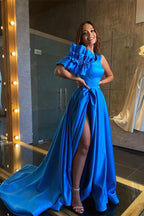 A-line Off-the-Shoulder Long Satin Formal Prom Dress with Slit
