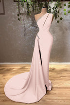 Burgundy Satin One Shoulder Mermaid Evening Dress Long with Split
