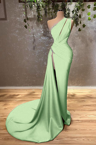 Burgundy Satin One Shoulder Mermaid Evening Dress Long with Split