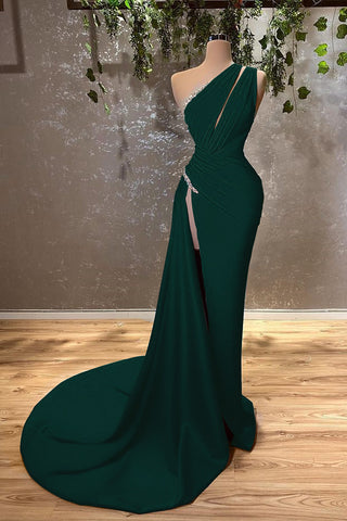 Burgundy Satin One Shoulder Mermaid Evening Dress Long with Split