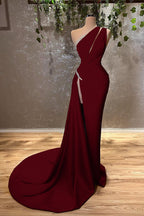 Burgundy Satin One Shoulder Mermaid Evening Dress Long with Split