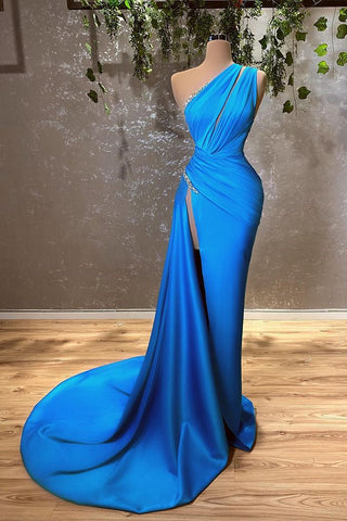 Burgundy Satin One Shoulder Mermaid Evening Dress Long with Split