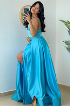Long A-line V-neck Satin Spaghetti Straps Evening Prom Dress with Slit