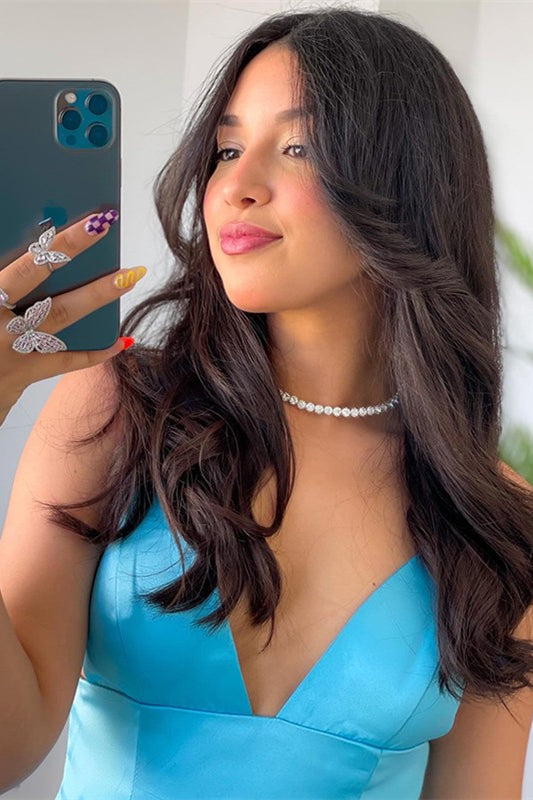 Long A-line V-neck Satin Spaghetti Straps Evening Prom Dress with Slit