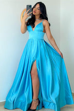 Long A-line V-neck Satin Spaghetti Straps Evening Prom Dress with Slit