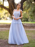 Vestido largo de fiesta de tul con escote en V y tirantes anudados estilo ola oceánica