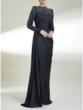 Etuikleid/Säulenkleid für die Brautmutter, Hochzeitsgast, elegant, hoher Halsausschnitt, Pinselschleppe, Stretch-Satin, lange Ärmel, mit Kristallen, Rüschen, einfarbig