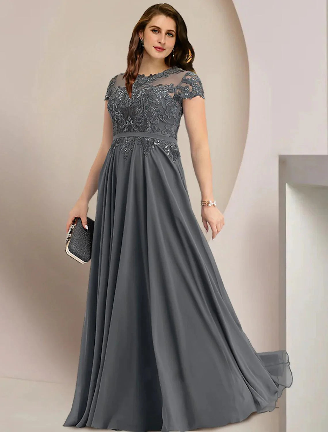 Vestidos para mãe da noiva plus size, curvas, barriga escondida, festa de casamento, elegante, decote em joia, comprimento até ao chão, chiffon, renda, manga curta com pregas, lantejoulas
