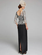 Sheath / Column Mother of the Bride Dress Jewel Neck Floor Length Satin Lace 3/4 Length Sleeve with Lace