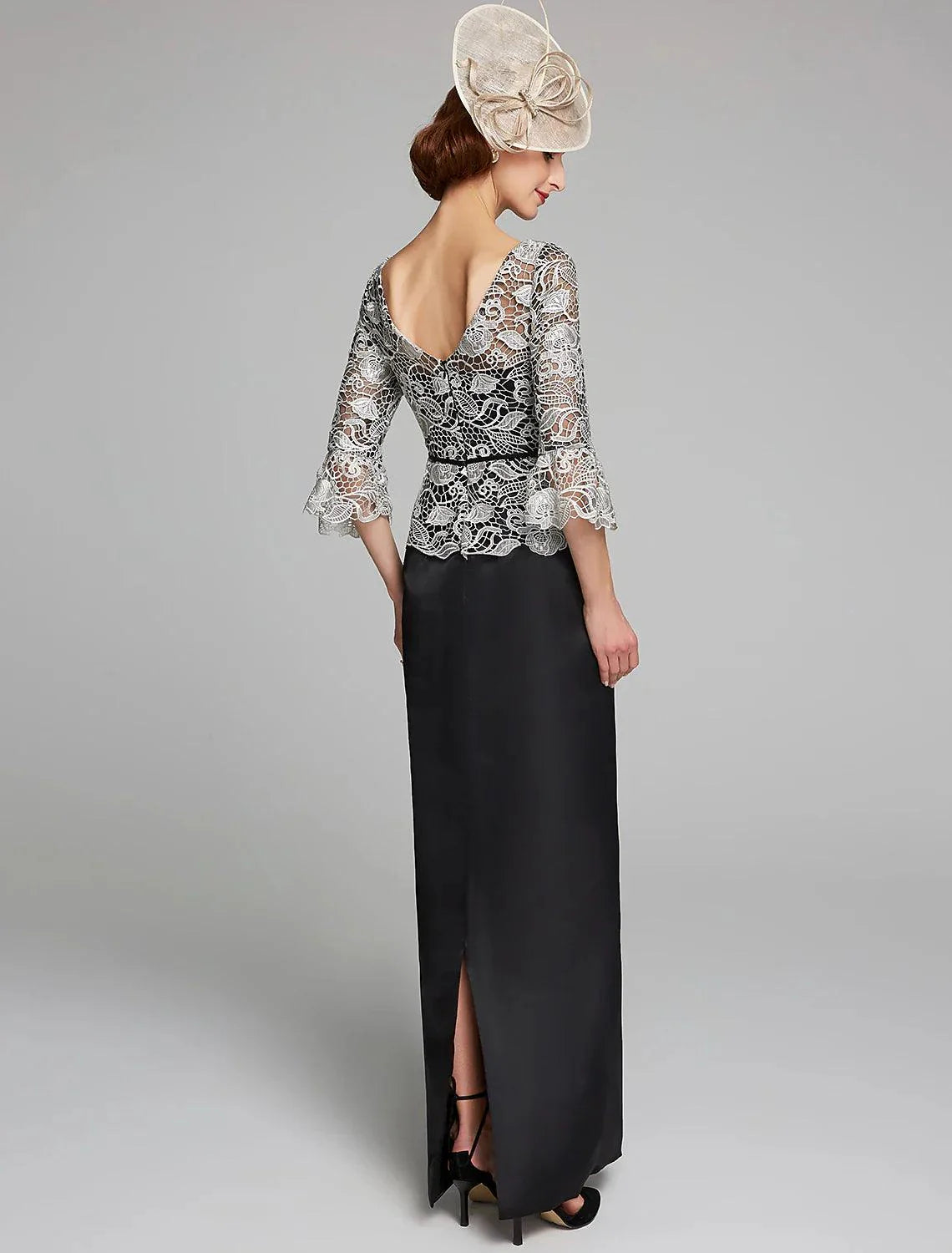 Vestido de mãe da noiva com bainha/coluna, decote em joia, comprimento até ao chão, cetim com renda, manga 3/4 com renda