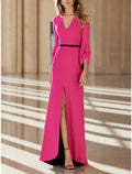 Etuikleid/Säulenkleid für die Mutter der Braut, formelle Party, elegant, V-Ausschnitt, Schleppe/Pinselzug, asymmetrisch, Stretch-Stoff, lange Ärmel mit geschlitzter Vorderseite, Rüschen