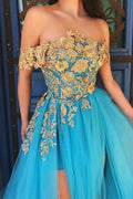 Schulterfreies blaues Spitzen-Tüll-Ballkleid, langes Abendkleid PSK044