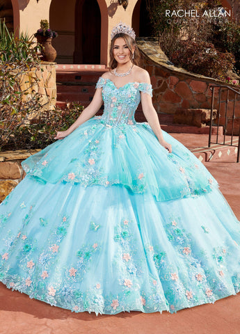 Vestido de quinceanera com corpete espartilho ombro a ombro de Rachel Allan RQ2179