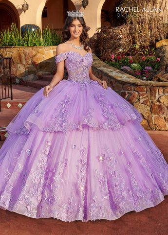 Vestido de quinceanera com corpete espartilho ombro a ombro de Rachel Allan RQ2179