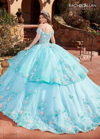 Vestido de quinceanera com corpete espartilho ombro a ombro de Rachel Allan RQ2179