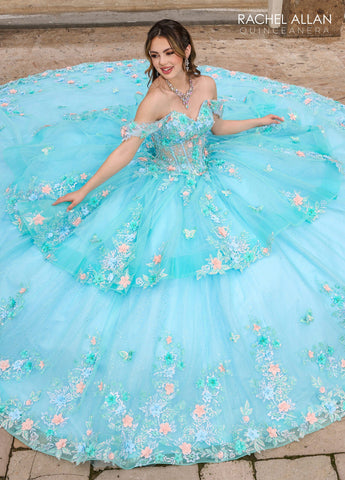 Vestido de quinceanera com corpete espartilho ombro a ombro de Rachel Allan RQ2179