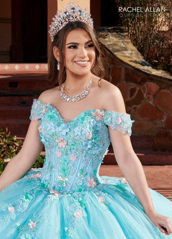 Vestido de quinceanera com corpete espartilho ombro a ombro de Rachel Allan RQ2179