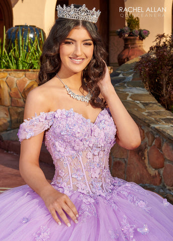 Vestido de quinceanera com corpete espartilho ombro a ombro de Rachel Allan RQ2179