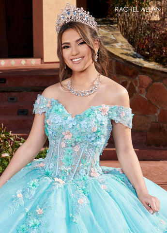 Vestido de quinceanera com corpete espartilho ombro a ombro de Rachel Allan RQ2179
