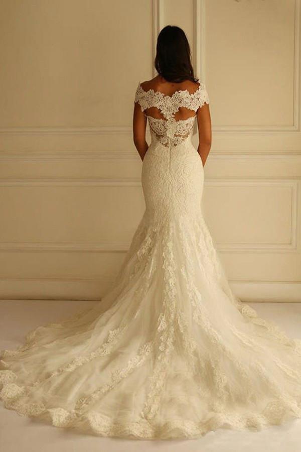 Off Shoulder Court Train Short Sleeves Mermaid Lace Wedding Dress