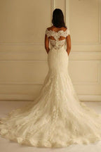 Off Shoulder Court Train Short Sleeves Mermaid Lace Wedding Dress