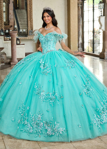 Schulterfreies Quinceanera-Kleid mit Federn von Rachel Allan RQ2186