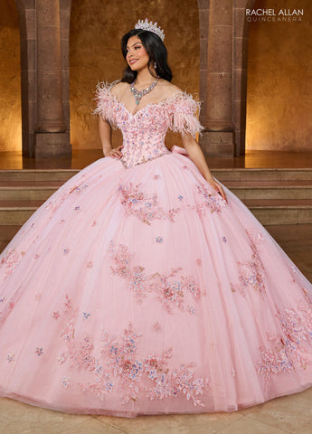 Schulterfreies Quinceanera-Kleid mit Federn von Rachel Allan RQ2186