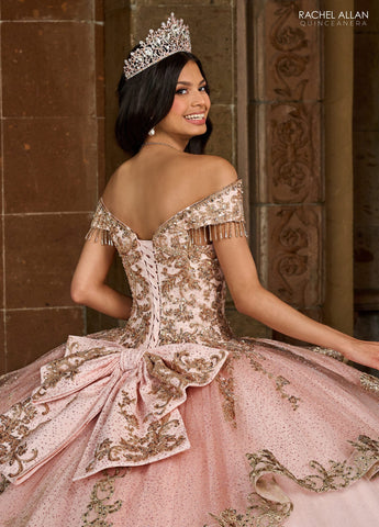 Schulterfreies Quinceanera-Kleid mit Fransen von Rachel Allan RQ3129