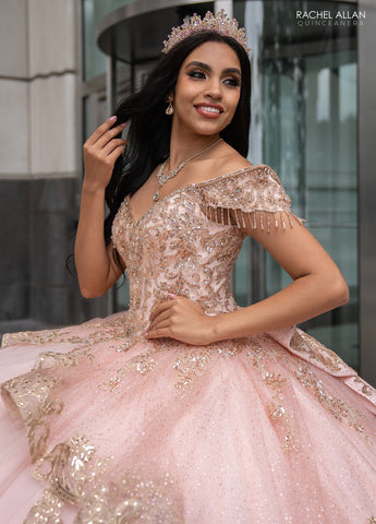 Schulterfreies Quinceanera-Kleid mit Fransen von Rachel Allan RQ3129