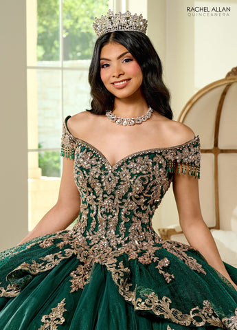 Schulterfreies Quinceanera-Kleid mit Fransen von Rachel Allan RQ3129