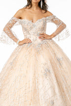 Off Shoulder Glitter Ball Gown with Bell Sleeves by Elizabeth K GL2911