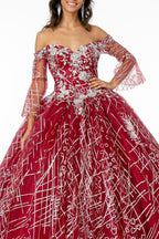 Off Shoulder Glitter Ball Gown with Bell Sleeves by Elizabeth K GL2911
